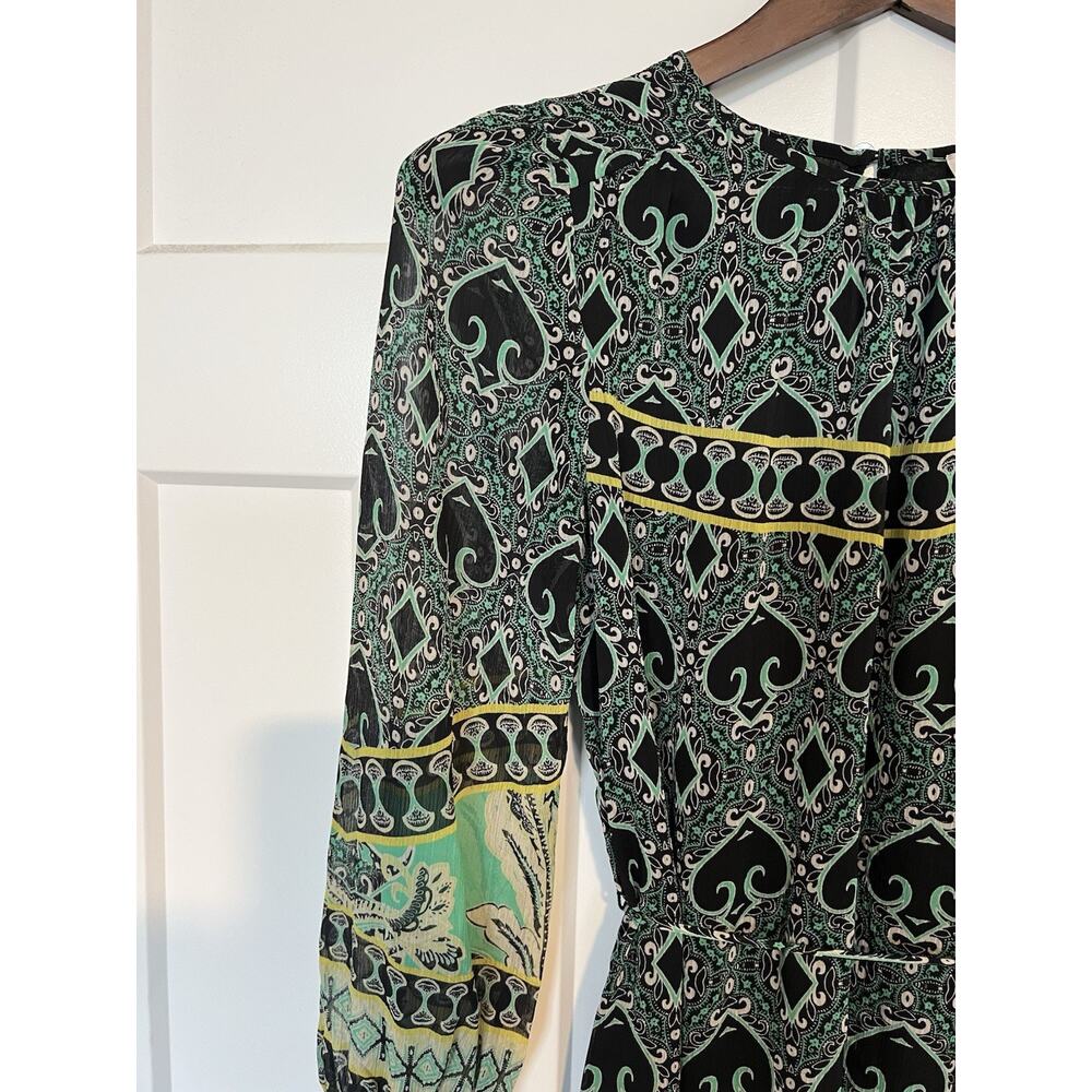LOFT Dress Sheer Black Green Knee Length Size XS Petite. Tie Waist - Picture 4 of 11